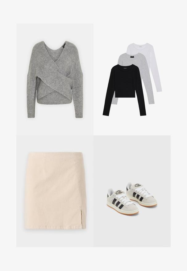 Suéter cinza envolvente com um decote em V profundo, mangas longas e textura canelada. Feito de um material de malha suave com um design assimétrico em camadas.; Três camisetas de manga longa empilhadas: preta, cinza e branca. Cada uma tem um decote redondo e um design cropped, feitas de um tecido leve e suave.; Saia mini em corduroy bege com textura de ribas verticais, apresentando uma fenda lateral para adicionar detalhe. A bainha é reta e costurada uniformemente.; Tênis de camurça cinza com atacadores brancos, riscas pretas e uma sola de borracha branca. Apresenta um logótipo circular na língua e uma sola de borracha.