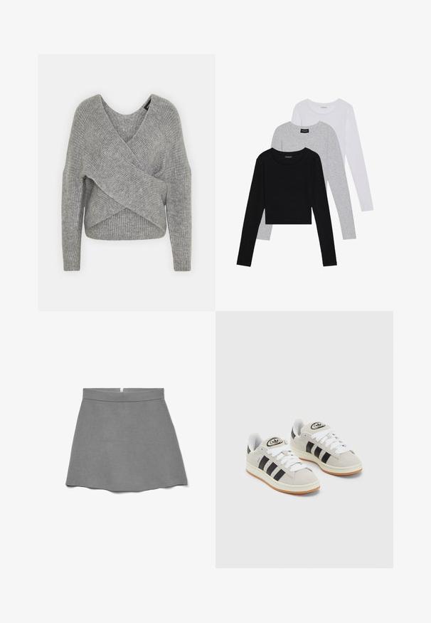 Szary sweter o luźnym kroju z głębokim dekoltem w kształcie litery V, długimi rękawami i prążkowaną teksturą. Wykonany z miękkiego materiału dzianinowego z warstwowym, asymetrycznym wzorem.; Trzy bluzki z długim rękawem ułożone jedna na drugiej: czarna, szara i biała. Każda z okrągłym dekoltem i skróconym fasonem, wykonana z gładkiego, lekkiego materiału.; Szara spódnica wykonana z miękkiej tkaniny, charakteryzująca się wysokim stanem, rozkloszowanym krojem oraz ukrytym zamkiem błyskawicznym z tyłu.; Szare zamszowe trampki z białymi sznurówkami, czarnymi paskami i białą gumową podeszwą. Posiadają okrągłe logo na języku oraz gumową podeszwę.