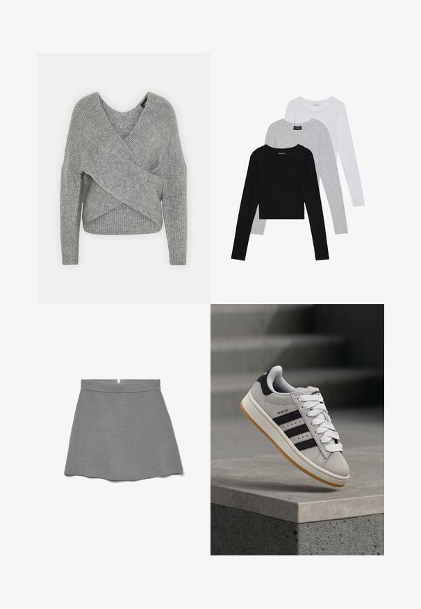 Harmaa neulejakku, jossa on syvä V-kaula-aukko, pitkät hihat ja ribboitu pinta. Valmistettu pehmeästä neuloksesta, jossa on kerroksellinen ja epäsymmetrinen muotoilu.; Kolme pitkähihasta paita päällekkäin: musta, harmaa ja valkoinen. Jokaisessa on pyöreä pääntie ja lyhennetty muotoilu, jossa on sileä ja kevyt kangas.; Harmaa hame pehmeästä kankaasta, jossa on korkea vyötärö, levenevä malli ja takana piilotettu vetoketju.; adidas Originals CAMPUS 00S W - Matalavartiset tennarit - crystal white/core black/off white