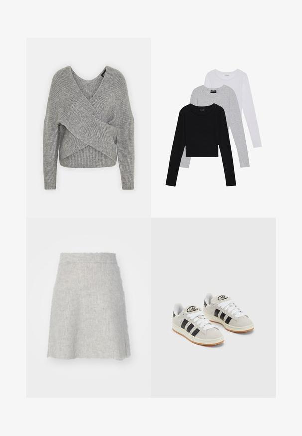 Siva omotana vestica s dubokim V-izrezom, dugim rukavima i rebrastom teksturom. Izrađena od mekog pletenog materijala s slojevitim, asimetričnim dizajnom.; Tri dugih rukava posložena: crna, siva i bijela. Svaka ima okrugli izrez i skrateni kroj s glatkom, laganom tkaninom.; Svijetlosiva pletena suknja izrađena od mekanog materijala, s lepršavim oblikom i blago teksturiranom površinom, s elastičnom gumicom.; Sive suede tenisice s bijelim vezicama, crnim prugama i bijelim gumiranim potplatom. Imaju kružni logo na jeziku i gumeni potplat.