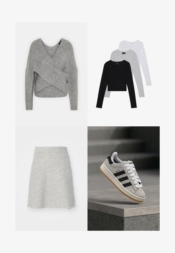 Pilkas aptraukiamas megztinis su giliu V formos iškirpimu, ilgomis rankovėmis ir riešutiniu tekstūru. Pagamintas iš minkštos megztos medžiagos su sluoksniuota, asimetrine konstrukcija.; Trijų ilgomis rankovėmis marškinėlių krūva: juodas, pilkas ir baltas. Kiekvienas turi apvalų iškirpimą ir trumpą dizainą, pagamintas iš lygaus, lengvo audinio.; Šviesiai pilka megzta sijonas, pagamintas iš minkštos medžiagos, su platesne forma ir šiek tiek tekstūruotu paviršiumi, su elastinga juosta.; Pilka Adidas Campus sportinio batelio su juodomis juostelėmis ir baltais batraiščiais, plūduriuojančio virš betoninės pakylos su laiptais fone.