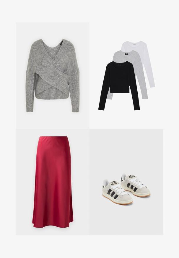 Pilkas aptraukiamas megztinis su giliu V formos iškirpimu, ilgomis rankovėmis ir riešutiniu tekstūru. Pagamintas iš minkštos megztos medžiagos su sluoksniuota, asimetrine konstrukcija.; Trijų ilgomis rankovėmis marškinėlių krūva: juodas, pilkas ir baltas. Kiekvienas turi apvalų iškirpimą ir trumpą dizainą, pagamintas iš lygaus, lengvo audinio.; Raudona satino ilga sijonas su lygiu paviršiumi, šiek tiek išplėsta forma ir šoninė skeltis, užtikrinanti judėjimo laisvę. Nėra matomų metalinių detalių ar papuošimų.; Grynos zomšos sneakeriai su baltais raišteliais, juodomis juostelėmis ir balta gumine sole. Turintys apskritą logotipą ant liežuvėlio ir guminę sole.