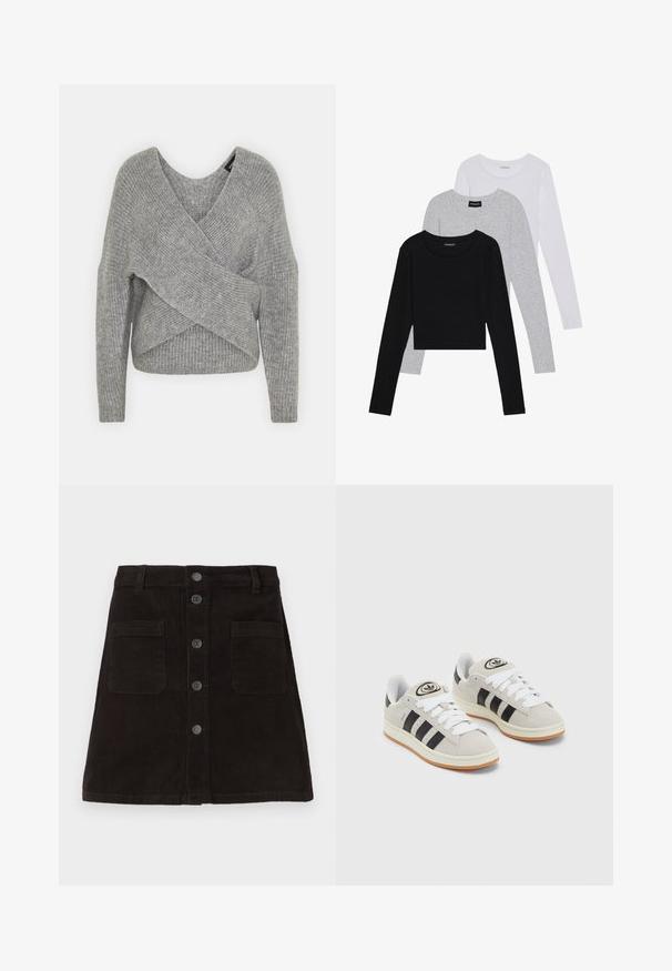 Suéter cinza envolvente com um decote em V profundo, mangas longas e textura canelada. Feito de um material de malha suave com um design assimétrico em camadas.; Três camisetas de manga longa empilhadas: preta, cinza e branca. Cada uma tem um decote redondo e um design cropped, feitas de um tecido leve e suave.; Saias de linha A em corduroy castanho com frente de botões, dois bolsos frontais e riscas verticais texturizadas. Cintura padrão com passadores para cinto.; Tênis de camurça cinza com atacadores brancos, riscas pretas e uma sola de borracha branca. Apresenta um logótipo circular na língua e uma sola de borracha.