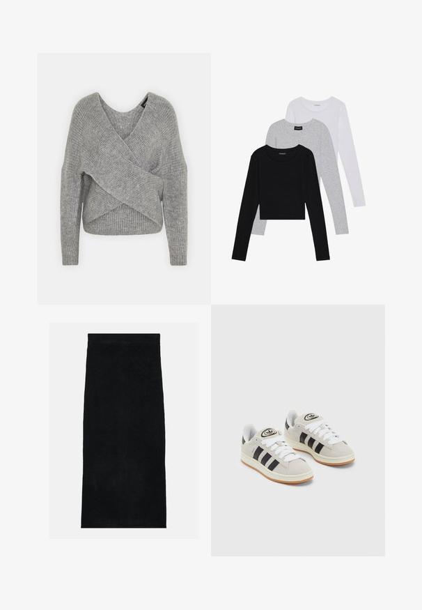 Szürke, mély V kivágású, hosszú ujjú kötött pulóver, bordás textúrával. Puha kötött anyagból készült, réteges, aszimmetrikus dizájnnal.; Három hosszú ujjú póló egymásra rakva: fekete, szürke és fehér. Mindegyiknek kerek nyaka van, és rövidített fazonnal rendelkezik, sima, könnyű anyagból készült.; Fekete törülköző szoknya, puha, texturált felülettel és testhez simuló derékrésszel. A dizájn egyszerű és egységes, minta vagy díszítés nélkül.; Szürke velúr sportcipők fehér fűzővel, fekete csíkokkal és fehér gumitalppal. A nyelvén kör alakú logó található, illetve a talpa színes gumi.