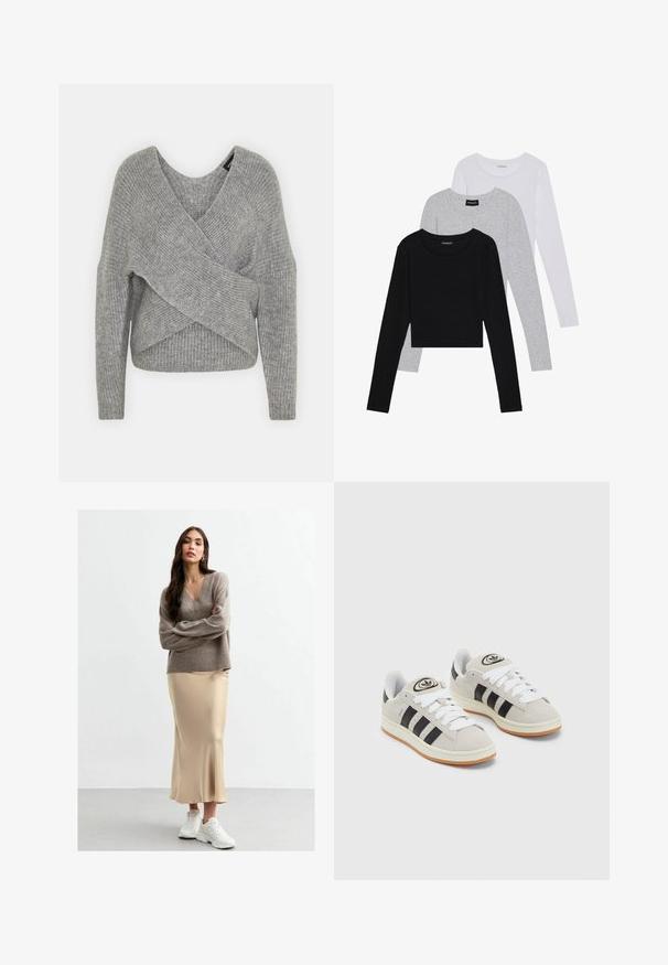 Pull en gris avec un col en V profond, des manches longues et une texture côtelée. Fabriqué en matériau tricoté doux avec un design asymétrique superposé.; Trois hauts à manches longues empilés : noir, gris et blanc. Chacun a un col rond et un design court avec un tissu lisse et léger.; New Look Jupe longue - mink; Baskets en suède gris avec des lacets blancs, des rayures noires et une semelle en caoutchouc blanc. Présentent un logo circulaire sur la languette et une semelle en gomme.