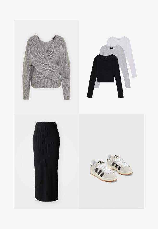 Pull en gris avec un col en V profond, des manches longues et une texture côtelée. Fabriqué en matériau tricoté doux avec un design asymétrique superposé.; Trois hauts à manches longues empilés : noir, gris et blanc. Chacun a un col rond et un design court avec un tissu lisse et léger.; Jupe midi noire côtelée avec une silhouette ajustée, une taille lisse et un ourlet droit, créant une forme élégante et épurée.; Baskets en suède gris avec des lacets blancs, des rayures noires et une semelle en caoutchouc blanc. Présentent un logo circulaire sur la languette et une semelle en gomme.