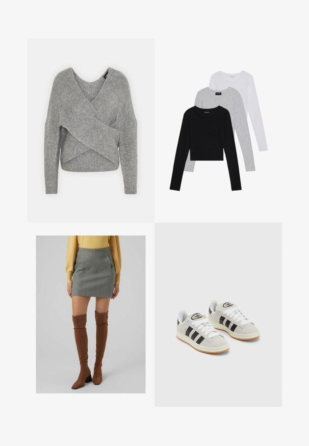 Gray wrap sweater with a deep V-neck, long sleeves, and ribbed texture. Made from a soft knit material with a layered, asymmetrical design.; Three long-sleeve tops stacked: black, grey, and white. Each has a round neckline and a cropped design with smooth, lightweight fabric.; Gray wool mini skirt paired with brown over-the-knee heeled boots; sleek texture, fitted shape, and angular design elements.; Gray suede sneakers with white laces, black stripes, and a white rubber sole. Features a circular logo on the tongue and a gum sole.