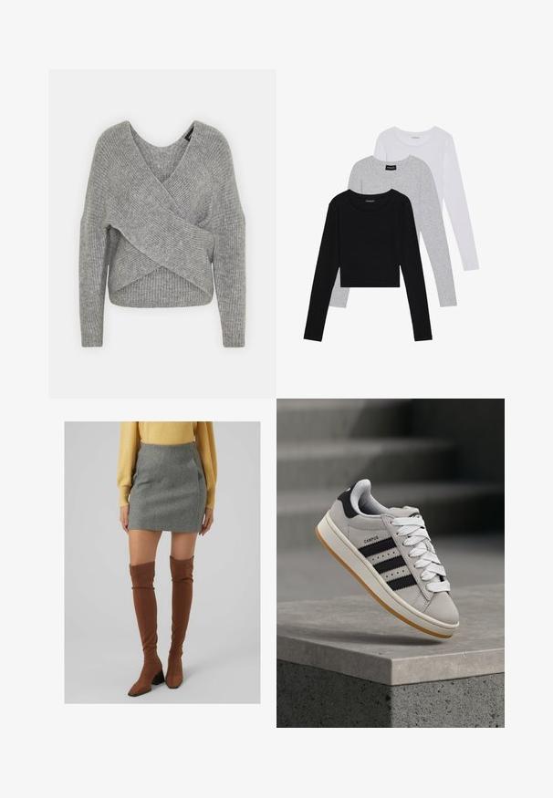 Grå indpakningssweater med dyb V-udskæring, lange ærmer og ribbet tekstur. Fremstillet i et blødt strikkemateriale med et lagdelt, asymmetrisk design.; Tre langærmede toppe stablet: sort, grå og hvid. Hver har en rund halsudskæring og et cropped design med glat, let stof.; Grå uld mini nederdel parret med brune over-knee hæl støvler; glat tekstur, tætsiddende facon og vinklede designelementer.; Grå Adidas Campus-sneaker med sorte striber og hvide snørebånd, der svæver over en betonkant med trapper i baggrunden.