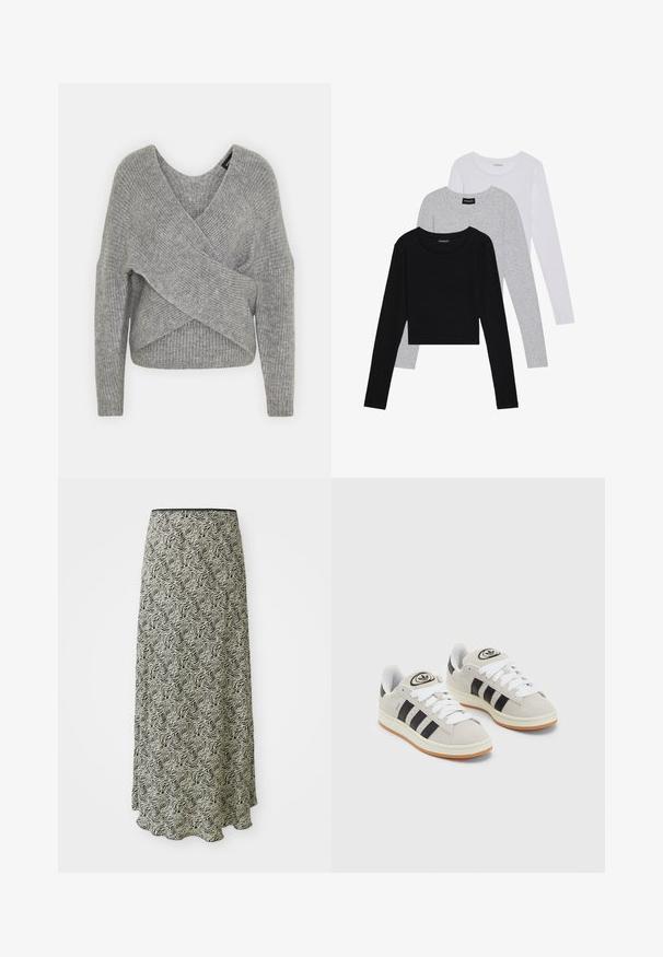 Hallide hallhargus, sügava V-kaelusega, pikkade varrukatega ja ribatrepiga. Valmistatud pehmest kudumismetallist, millel on kihiline, asümmeetriline disain.; Kolm pikkade varrukatega toppi, mis on üksteise peale asetatud: must, hall ja valge. Igal ühel on ümar kaelus ja lühike disain, valmistatud siledast, kergekaalulisest kangast.; Mustra mustvalge midi-seelik lainelise mustriga, sujuva tekstuuriga ja sakiliste äärtega; valmistatud kergest kangast.; Hallid hallid nahkrennid valgete paeltega, mustade triipudega ja valge kummitaldiga. Omab ümmargust logo keeles ja kummitalda.