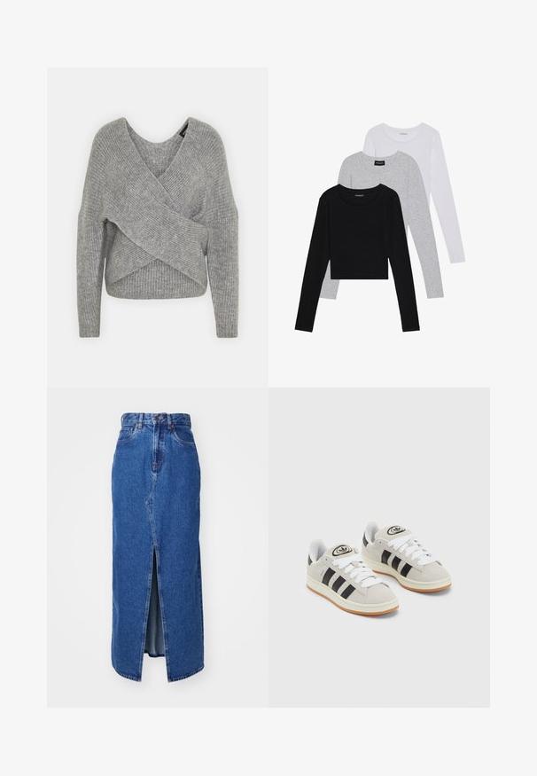 Szürke, mély V kivágású, hosszú ujjú kötött pulóver, bordás textúrával. Puha kötött anyagból készült, réteges, aszimmetrikus dizájnnal.; Három hosszú ujjú póló egymásra rakva: fekete, szürke és fehér. Mindegyiknek kerek nyaka van, és rövidített fazonnal rendelkezik, sima, könnyű anyagból készült.; Közékkék farmer maxi szoknya elöl hasítékkal, magas derékkal és klasszikus öt zsebes dizájnnal. Kontrasztos varrással és cipzáras záródással rendelkezik.; Szürke velúr sportcipők fehér fűzővel, fekete csíkokkal és fehér gumitalppal. A nyelvén kör alakú logó található, illetve a talpa színes gumi.