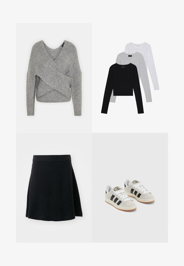 Siva ovitek pulover z globokim V-izrezom, dolgimi rokavi in ribasto teksturo. Narejen iz mehke pletene tkanine z plastnim, asimetričnim dizajnom.; Tri dolga rokava zložena: črna, siva in bela. Vsaka ima okroglo izreznico in skrajšan dizajn z gladkim, lahkotnim materialom.; Črna A-linijska krila z gladko teksturo in rahlim razširjanjem, z pasom in brez vidnih zapiranj ali vzorcev.; Sive športne čevlje iz semiša z belimi vezalkami, črnimi črtami in belim gumijastim podplatom. Imajo okroglo oznako na ježku in podplat iz gume.