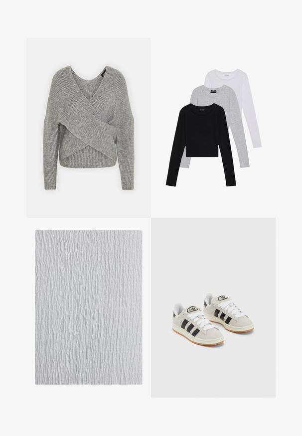 Szary sweter o luźnym kroju z głębokim dekoltem w kształcie litery V, długimi rękawami i prążkowaną teksturą. Wykonany z miękkiego materiału dzianinowego z warstwowym, asymetrycznym wzorem.; Trzy bluzki z długim rękawem ułożone jedna na drugiej: czarna, szara i biała. Każda z okrągłym dekoltem i skróconym fasonem, wykonana z gładkiego, lekkiego materiału.; Biała tkanina o fakturze z falistym wzorem, z pionowymi liniami o różnej grubości, co tworzy falujący wygląd.; Szare zamszowe trampki z białymi sznurówkami, czarnymi paskami i białą gumową podeszwą. Posiadają okrągłe logo na języku oraz gumową podeszwę.