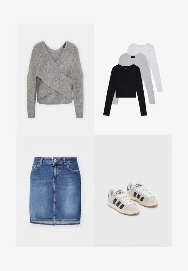 Suéter cinza envolvente com um decote em V profundo, mangas longas e textura canelada. Feito de um material de malha suave com um design assimétrico em camadas.; Três camisetas de manga longa empilhadas: preta, cinza e branca. Cada uma tem um decote redondo e um design cropped, feitas de um tecido leve e suave.; Saias de ganga em azul escuro, com corte reto, cinco bolsos, passantes para cinto e fecho por botão. Barra afunilada com costura contrastante.; Tênis de camurça cinza com atacadores brancos, riscas pretas e uma sola de borracha branca. Apresenta um logótipo circular na língua e uma sola de borracha.