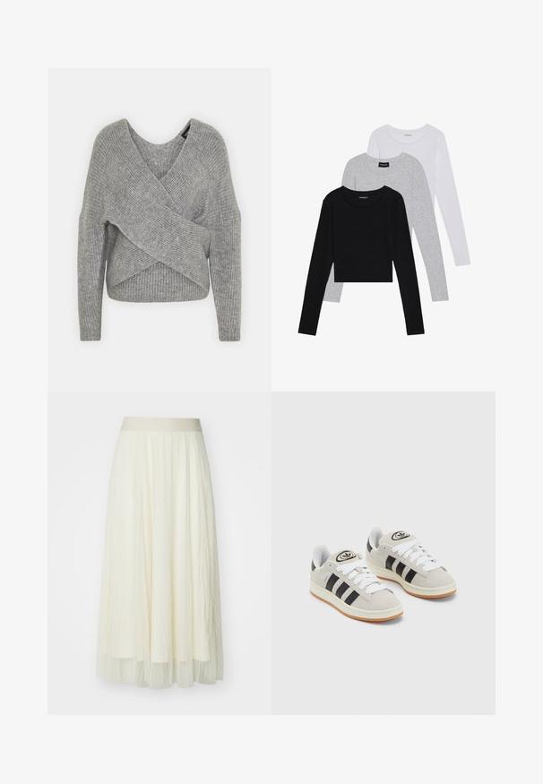 Pullover griș cu un decolteu adânc în V, mâneci lungi și textură cu ochiuri. Fabricat dintr-un material tricotat moale, cu un design stratificat și asimetric.; Trei bluze cu mânecă lungă așezate: neagră, gri și albă. Fiecare are un guler rotund și un design scurt, realizat dintr-un material fin și ușor.; Fustă midi pliată în crem deschis, cu un brâu elastic lat; textură transparentă cu linii verticale subtile, design fluid și finisaj stratificat.; Adidași din suede gri cu șireți albi, dungi negre și talpă din cauciuc alb. Prezintă un logo circular pe limbă și o talpă din cauciuc.