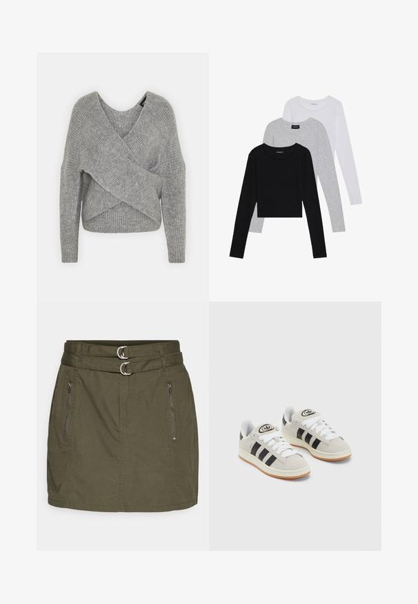 Pullover griș cu un decolteu adânc în V, mâneci lungi și textură cu ochiuri. Fabricat dintr-un material tricotat moale, cu un design stratificat și asimetric.; Trei bluze cu mânecă lungă așezate: neagră, gri și albă. Fiecare are un guler rotund și un design scurt, realizat dintr-un material fin și ușor.; Fustă verde măslinie cu un tiv ce include două inele argintii, două buzunare laterale cu fermoar și un design drept, ajustat.; Adidași din suede gri cu șireți albi, dungi negre și talpă din cauciuc alb. Prezintă un logo circular pe limbă și o talpă din cauciuc.