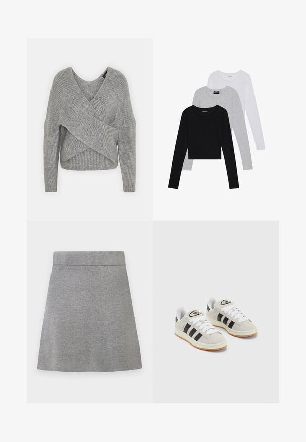 Suéter gris envolvente con un profundo escote en V, mangas largas y textura acanalada. Fabricado con un material de punto suave y un diseño asimétrico en capas.; Tres camisetas de manga larga apiladas: negra, gris y blanca. Cada una tiene un escote redondo y un diseño recortado con una tela suave y ligera.; Falda de punto gris en forma de A con una cinturilla ancha y textura suave, exhibida sobre un fondo blanco.; Zapatillas de ante gris con cordones blancos, rayas negras y suela de goma blanca. Presentan un logo circular en la lengüeta y una suela de goma.