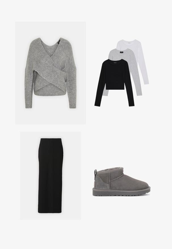 Siva ovitek pulover z globokim V-izrezom, dolgimi rokavi in ribasto teksturo. Narejen iz mehke pletene tkanine z plastnim, asimetričnim dizajnom.; Tri dolga rokava zložena: črna, siva in bela. Vsaka ima okroglo izreznico in skrajšan dizajn z gladkim, lahkotnim materialom.; Črna rebrasta pletena maxi krila z ravno silhueto, stranskimi odprtinami in gladko teksturo. Ima elastičen pas za udobje.; Sive zamskaste gležnjarje s mehkimi notranjim podstavljanjem, minimalnim šivom in oblikovanim gumijastim podplatom. Imajo zanko za vlečenje na hrbtni strani.