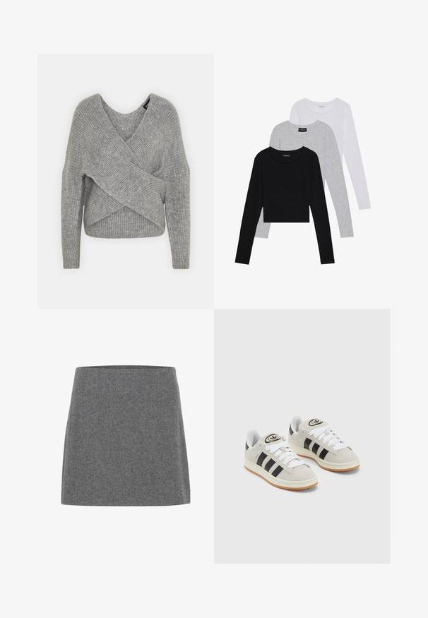 Pull en gris avec un col en V profond, des manches longues et une texture côtelée. Fabriqué en matériau tricoté doux avec un design asymétrique superposé.; Trois hauts à manches longues empilés : noir, gris et blanc. Chacun a un col rond et un design court avec un tissu lisse et léger.; Une mini-jupe en feutre gris avec une coupe droite et une texture lisse, dotée d'une large ceinture et sans coutures ni embellissements visibles.; Baskets en suède gris avec des lacets blancs, des rayures noires et une semelle en caoutchouc blanc. Présentent un logo circulaire sur la languette et une semelle en gomme.