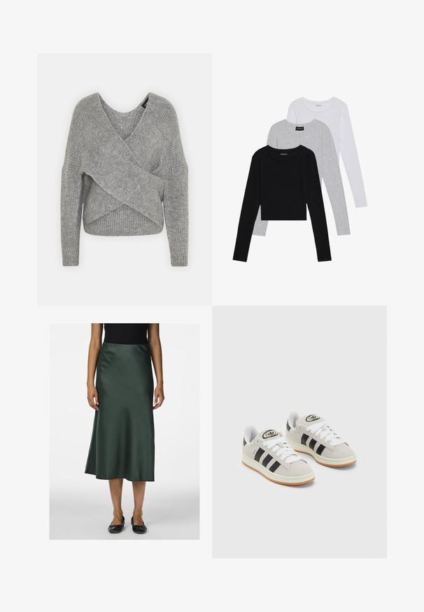 Pilkas aptraukiamas megztinis su giliu V formos iškirpimu, ilgomis rankovėmis ir riešutiniu tekstūru. Pagamintas iš minkštos megztos medžiagos su sluoksniuota, asimetrine konstrukcija.; Trijų ilgomis rankovėmis marškinėlių krūva: juodas, pilkas ir baltas. Kiekvienas turi apvalų iškirpimą ir trumpą dizainą, pagamintas iš lygaus, lengvo audinio.; Satinė žalia midi sijonas su lygiu paviršiumi, šiek tiek platėjanti apatinė dalis ir šoninė iškirptė, derinamas su juodomis plokščiomis bateliais.; Grynos zomšos sneakeriai su baltais raišteliais, juodomis juostelėmis ir balta gumine sole. Turintys apskritą logotipą ant liežuvėlio ir guminę sole.