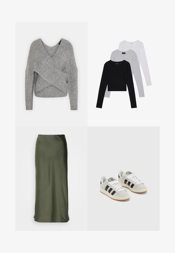 Gray wrap sweater with a deep V-neck, long sleeves, and ribbed texture. Made from a soft knit material with a layered, asymmetrical design.; Three long-sleeve tops stacked: black, grey, and white. Each has a round neckline and a cropped design with smooth, lightweight fabric.; Lindex MARIA - A-line skirt - dark dusty khaki; Gray suede sneakers with white laces, black stripes, and a white rubber sole. Features a circular logo on the tongue and a gum sole.