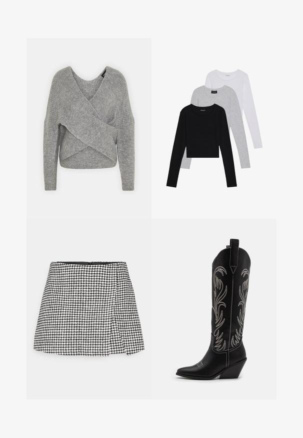 Grau umwickelter Pullover mit tiefem V-Ausschnitt, langen Ärmeln und gerippter Textur. Hergestellt aus einem weichen Strickmaterial mit einem geschichteten, asymmetrischen Design.; Drei langärmelige Oberteile gestapelt: schwarz, grau und weiß. Jedes hat einen runden Halsausschnitt und ein kurzes Design aus glattem, leichtem Stoff.; Schwarz-weißes Hahnentrittmuster-Minikleid mit geradem Schnitt, seitlichem Reißverschluss und strukturiertem Stoff. Schlichte schwarze Innenausstattung.; Schwarze Leder-Cowboy-Stiefel mit spitzen Zehen, Keilabsätzen und silbernen, gestickten Blumenmustern entlang des Schafts. Kontrastnähte über das gesamte Design.