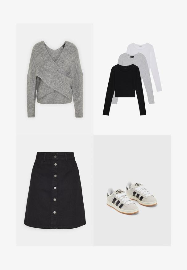 Pilkas aptraukiamas megztinis su giliu V formos iškirpimu, ilgomis rankovėmis ir riešutiniu tekstūru. Pagamintas iš minkštos megztos medžiagos su sluoksniuota, asimetrine konstrukcija.; Trijų ilgomis rankovėmis marškinėlių krūva: juodas, pilkas ir baltas. Kiekvienas turi apvalų iškirpimą ir trumpą dizainą, pagamintas iš lygaus, lengvo audinio.; Juodas džinsinis sijonas su vertikaliu mygtukų uždarymu ir penkiomis kišenėmis. Ypatybės: tiesi forma ir apdaila, pagamintas iš tvirto medvilninio audinio.; Grynos zomšos sneakeriai su baltais raišteliais, juodomis juostelėmis ir balta gumine sole. Turintys apskritą logotipą ant liežuvėlio ir guminę sole.