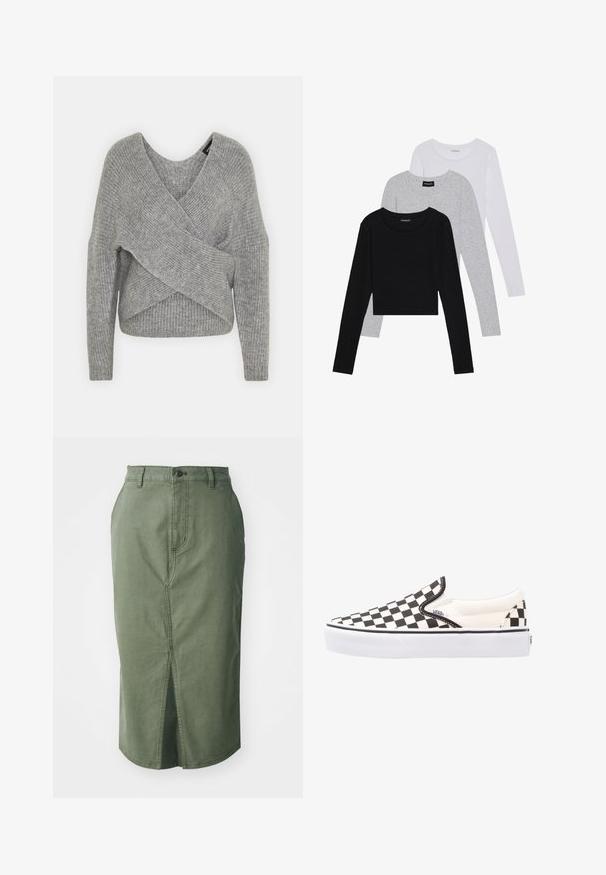 Grå omslagssweater med dyp V-hals, lange ermer og ribbestruktur. Laget av et mykt strikket materiale med et lagdelt, asymmetrisk design.; Tre lange ermer t-skjorter stablet: svart, grå og hvit. Hver har en rund hals og et kort design med glatt, lett stoff.; Olivengrønn denim skjørt med middels lengde, frontsplit, tradisjonell midje med knappelukking og sydd detaljer langs sømmene.; Svart og hvit rutete slip-on Vans-sko med canvas overdel, gummisåle og polstret krage. Flat, rund tå med hvite såle detaljer.
