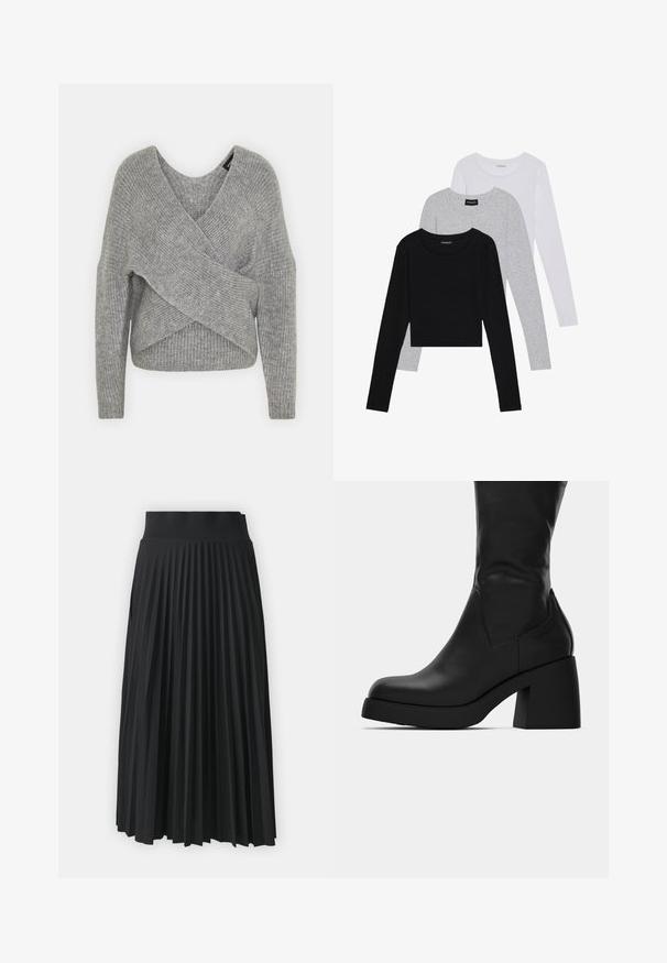 Sivý cardigan s hlbokým V- výstrihom, dlhými rukávmi a rebrovanou textúrou. Vyrobený z mäkkého pleteného materiálu s viacvrstvovým, asymetrickým dizajnom.; Tričko s dlhým rukávom v troch farbách: čiernej, sivej a bielej. Každé má okrúhly výstrih a skrátený strih vyrobený z hladkej, ľahkej tkaniny.; Čierna plisovaná sukňa so širokým pásom, s jednotnými vertikálnymi skladmi po celom obvode. Hladký povrch s plynulým dizajnom.; Čierne kožené čižmy po lýtka s masívnym blokovým podpätkom a zaoblenou špičkou, zobrazené z bočného profilu na bielom pozadí.