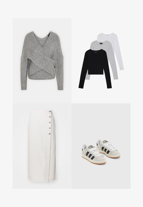 Suéter gris envolvente con un profundo escote en V, mangas largas y textura acanalada. Fabricado con un material de punto suave y un diseño asimétrico en capas.; Tres camisetas de manga larga apiladas: negra, gris y blanca. Cada una tiene un escote redondo y un diseño recortado con una tela suave y ligera.; Falda midi de denim blanca con cierre lateral de botones, que presenta cinco botones metálicos y una silueta recta. Textura suave, diseño casual.; Zapatillas de ante gris con cordones blancos, rayas negras y suela de goma blanca. Presentan un logo circular en la lengüeta y una suela de goma.