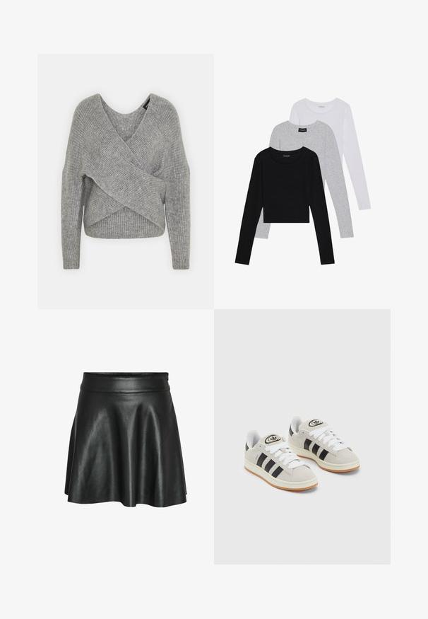 Grå omslagssweater med dyp V-hals, lange ermer og ribbestruktur. Laget av et mykt strikket materiale med et lagdelt, asymmetrisk design.; Tre lange ermer t-skjorter stablet: svart, grå og hvit. Hver har en rund hals og et kort design med glatt, lett stoff.; Svart skjørt i kunstlær med en vid A-linjeform, som har en glatt, skinnende tekstur og en tettsittende midjebånd.; Grå semsket sneakers med hvite lisser, svarte striper og en hvit gummisåle. Har en sirkulær logo på tungen og en gummisåle.