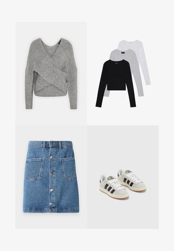 Grå omslagströja med djup V-ringning, långa ärmar och ribbad struktur. Tillverkad av ett mjukt stickat material med en lager-på-lager, asymmetrisk design.; Tre långärmade tröjor staplade: svart, grå och vit. Var och en har en rund halsringning och en kort design med mjukt, lätt material.; Jeanskjol i ljusblå nyans, med knappstängning framtill, två fickor, och rak skärning. Tyget har en klassisk textur.; Grå mocka sneakers med vita snören, svarta ränder och en vit gummisula. Har en rund logo på tungan och en gummisula.