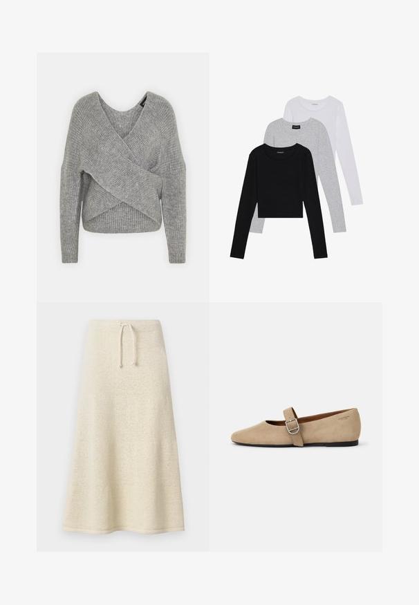 Gray wrap sweater with a deep V-neck, long sleeves, and ribbed texture. Made from a soft knit material with a layered, asymmetrical design.; Three long-sleeve tops stacked: black, grey, and white. Each has a round neckline and a cropped design with smooth, lightweight fabric.; Knee-length, cream knit skirt with soft texture, drawstring waistband, and flared silhouette. Minimal design without patterns or embellishments.; Beige suede Mary Jane flats with a pointed toe and a single adjustable strap featuring a silver buckle. Black flat sole.