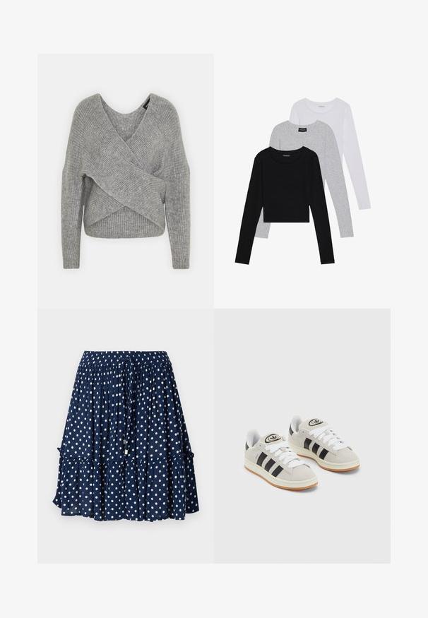 Grå omslagssweater med dyp V-hals, lange ermer og ribbestruktur. Laget av et mykt strikket materiale med et lagdelt, asymmetrisk design.; Tre lange ermer t-skjorter stablet: svart, grå og hvit. Hver har en rund hals og et kort design med glatt, lett stoff.; Mørkeblå skjørt med hvite prikker, med volangkant og elastisk linning med snøring for justerbar passform.; Grå semsket sneakers med hvite lisser, svarte striper og en hvit gummisåle. Har en sirkulær logo på tungen og en gummisåle.