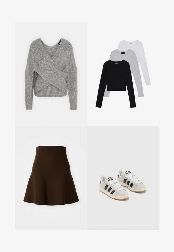 Siva ovitek pulover z globokim V-izrezom, dolgimi rokavi in ribasto teksturo. Narejen iz mehke pletene tkanine z plastnim, asimetričnim dizajnom.; Tri dolga rokava zložena: črna, siva in bela. Vsaka ima okroglo izreznico in skrajšan dizajn z gladkim, lahkotnim materialom.; Brahk pleteni krilo iz mehke tkanine z gladko teksturo. Ima oprijet pas in zasnovo do kolen, brez vidnih vzorcev.; Sive športne čevlje iz semiša z belimi vezalkami, črnimi črtami in belim gumijastim podplatom. Imajo okroglo oznako na ježku in podplat iz gume.