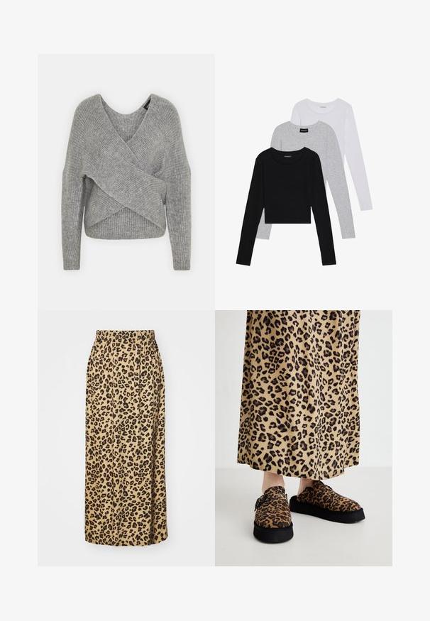 Gray wrap sweater with a deep V-neck, long sleeves, and ribbed texture. Made from a soft knit material with a layered, asymmetrical design.; Three long-sleeve tops stacked: black, grey, and white. Each has a round neckline and a cropped design with smooth, lightweight fabric.; Leopard print, beige fabric skirt, full length, with an elastic waistband, featuring a smooth texture and pleated design.; Leopard print clogs with a fuzzy texture and black platform soles, paired with a matching leopard print skirt.