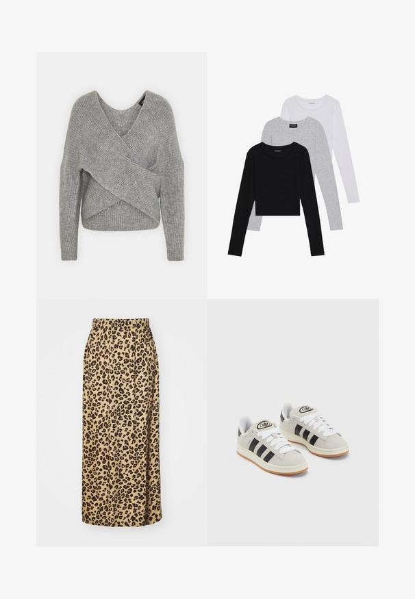 Sivý cardigan s hlbokým V- výstrihom, dlhými rukávmi a rebrovanou textúrou. Vyrobený z mäkkého pleteného materiálu s viacvrstvovým, asymetrickým dizajnom.; Tričko s dlhým rukávom v troch farbách: čiernej, sivej a bielej. Každé má okrúhly výstrih a skrátený strih vyrobený z hladkej, ľahkej tkaniny.; Sukňa v leopardom vzore, béžová, celodlhá, s elastickým pásom, s hladkou textúrou a plisovaným dizajnom.; Sivé semišové tenisky s bielymi šnúrkami, čiernymi pruhmi a bielou gumovou podrážkou. Obsahujú okrúhly logo na jazyku a gumenú podrážku.