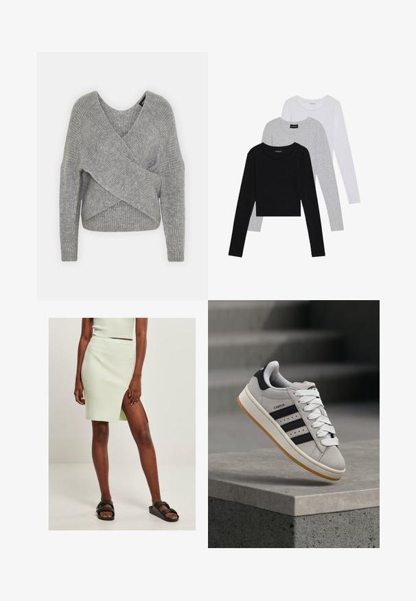 Grau umwickelter Pullover mit tiefem V-Ausschnitt, langen Ärmeln und gerippter Textur. Hergestellt aus einem weichen Strickmaterial mit einem geschichteten, asymmetrischen Design.; Drei langärmelige Oberteile gestapelt: schwarz, grau und weiß. Jedes hat einen runden Halsausschnitt und ein kurzes Design aus glattem, leichtem Stoff.; Helles grünes, geripptes Strickrock mit einem Oberschenkel hohen Schlitz, kombiniert mit schwarzen Schlüpfsandalen. Das schlichte, figurbetonte Design hebt Struktur und Farbe hervor.; Grauer Adidas Campus Sneaker mit schwarzen Streifen und weißen Schnürsenkeln, der über einer Betonmauer schwebt, mit Treppen im Hintergrund.