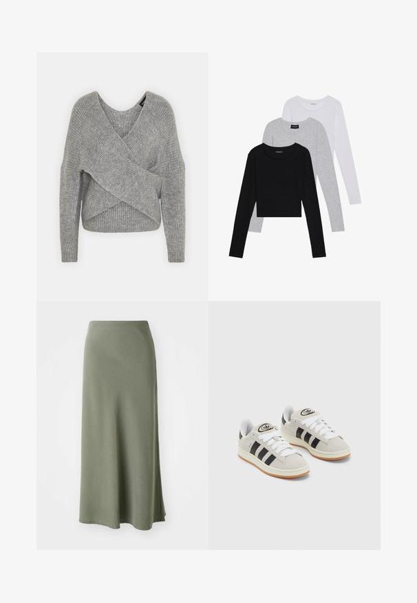 Siva ovitek pulover z globokim V-izrezom, dolgimi rokavi in ribasto teksturo. Narejen iz mehke pletene tkanine z plastnim, asimetričnim dizajnom.; Tri dolga rokava zložena: črna, siva in bela. Vsaka ima okroglo izreznico in skrajšan dizajn z gladkim, lahkotnim materialom.; Olivno zelena, krila do kolen, izdelana iz mehkega blaga z gladko teksturo in razširjenim krojem, ki ima stranski razporek za lažje gibanje.; Sive športne čevlje iz semiša z belimi vezalkami, črnimi črtami in belim gumijastim podplatom. Imajo okroglo oznako na ježku in podplat iz gume.