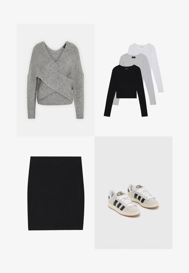 Šedý svetr s volnějším V-výstřihem, dlouhými rukávy a žebrovanou strukturou. Vyrobeno z měkké pleteniny s vrstveným, asymetrickým designem.; Tři trička s dlouhým rukávem naskládaná na sobě: černé, šedé a bílé. Každé má kulatý výstřih a kratší střih z hladkého, lehkého materiálu.; Černá žebrovaná pletená mini sukně s přiléhavým střihem, hladkou texturou a elastickým pasem pro pohodlí.; Šedé semišové tenisky s bílými tkaničkami, černými pruhy a bílou gumovou podrážkou. Mají kulaté logo na jazyku a gumovou podrážku.