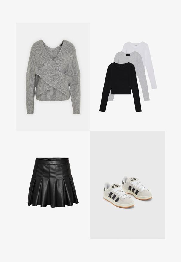 Pilkas aptraukiamas megztinis su giliu V formos iškirpimu, ilgomis rankovėmis ir riešutiniu tekstūru. Pagamintas iš minkštos megztos medžiagos su sluoksniuota, asimetrine konstrukcija.; Trijų ilgomis rankovėmis marškinėlių krūva: juodas, pilkas ir baltas. Kiekvienas turi apvalų iškirpimą ir trumpą dizainą, pagamintas iš lygaus, lengvo audinio.; Juodas klostuotas sijonas iš dirbtinės odos, su siaurėjančia juosmens dalimi ir platėjančia apačia. Lygus tekstūra su blizgiu, glotniu paviršiumi.; Grynos zomšos sneakeriai su baltais raišteliais, juodomis juostelėmis ir balta gumine sole. Turintys apskritą logotipą ant liežuvėlio ir guminę sole.