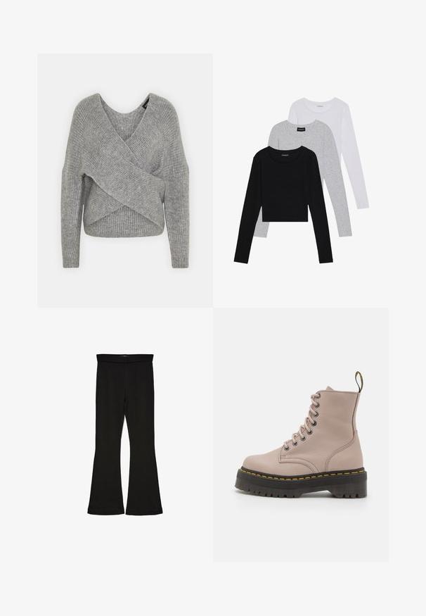 Suéter gris envolvente con un profundo escote en V, mangas largas y textura acanalada. Fabricado con un material de punto suave y un diseño asimétrico en capas.; Tres camisetas de manga larga apiladas: negra, gris y blanca. Cada una tiene un escote redondo y un diseño recortado con una tela suave y ligera.; Leggings negros de campana hechos de una tela elástica. Con una cinturilla ancha y una textura suave, presentan una silueta ajustada que se ensancha en el dobladillo.; Botín de tobillo con cordones en cuero rosa claro, que presenta una suela negra gruesa con un detalle de costura amarilla y una lengüeta en la parte posterior.