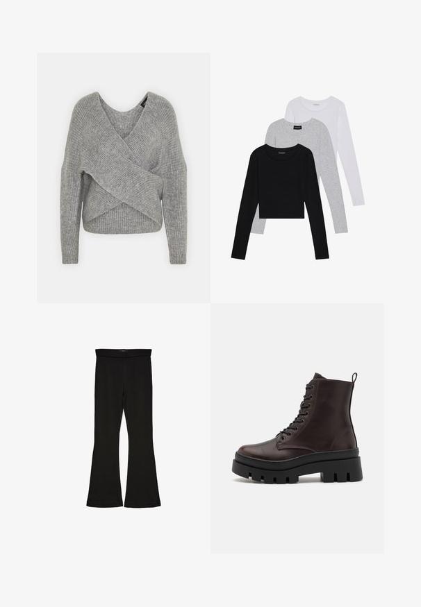 Maglione avvolgente grigio con scollatura a V profonda, maniche lunghe e texture a coste. Realizzato in un morbido materiale in maglia con un design asimmetrico a strati.; Tre magliette a maniche lunghe impilate: nera, grigia e bianca. Ognuna ha un colletto rotondo e un design accorciato con tessuto morbido e leggero.; Leggings a zampa nera realizzati in un tessuto elasticizzato. Presentano una vita alta e una superficie liscia, con una silhouette aderente che si ampia all'orlo.; Stivali alla caviglia in pelle marrone con punta rotonda, suola nera spessa e dettagli con lacci. Presentano un anello sul retro per indossarli facilmente.