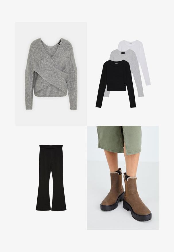 Siva ovitek pulover z globokim V-izrezom, dolgimi rokavi in ribasto teksturo. Narejen iz mehke pletene tkanine z plastnim, asimetričnim dizajnom.; Tri dolga rokava zložena: črna, siva in bela. Vsaka ima okroglo izreznico in skrajšan dizajn z gladkim, lahkotnim materialom.; Črne flare leggings iz raztegljive tkanine. Imajo širok pas in gladko teksturo, s prilegajočo silhueto, ki se na robu razširi.; Rjave usnjene gležnjarje z gumijastim podplatom, mehkim notranjim oblogom in elastičnimi stranskimi vložki. Imajo nizko blokasto peto in gladko teksturo.