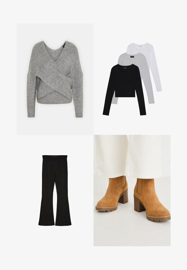 Szürke, mély V kivágású, hosszú ujjú kötött pulóver, bordás textúrával. Puha kötött anyagból készült, réteges, aszimmetrikus dizájnnal.; Három hosszú ujjú póló egymásra rakva: fekete, szürke és fehér. Mindegyiknek kerek nyaka van, és rövidített fazonnal rendelkezik, sima, könnyű anyagból készült.; Fekete trapéz leggings rugalmas anyagból készült. Széles derékpánttal és sima textúrával rendelkezik, illeszkedő sziluettje van, amely a szegélyen kigyullad.; Barna nubuk bőr bokacsizmák, vastag blokk sarkukkal, elasztikus oldalpanelek és strapabíró talp a jó tapadás érdekében. Texturált felsőrész varrási részletekkel.