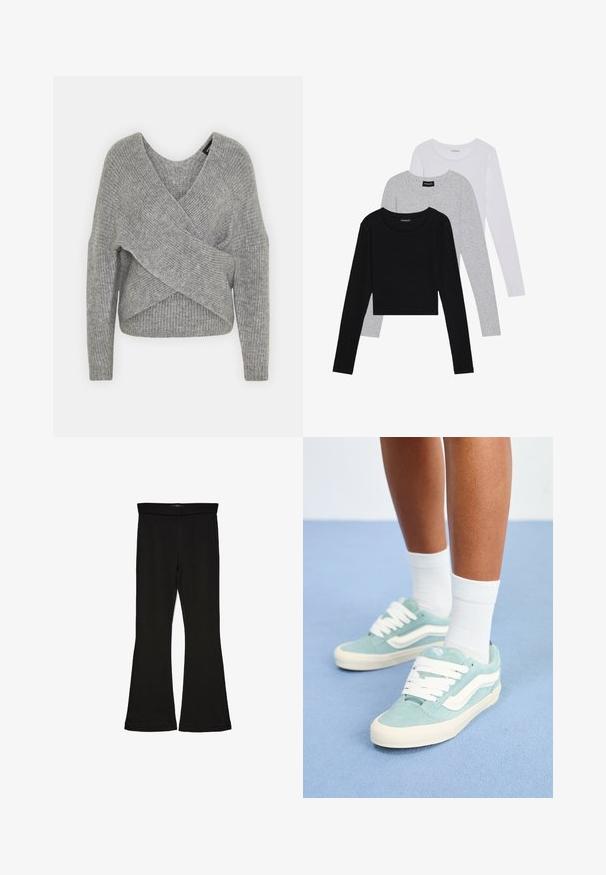 Gray wrap sweater with a deep V-neck, long sleeves, and ribbed texture. Made from a soft knit material with a layered, asymmetrical design.; Three long-sleeve tops stacked: black, grey, and white. Each has a round neckline and a cropped design with smooth, lightweight fabric.; Black flare leggings made from stretchy fabric. Features a wide waistband and a smooth texture, with a fitted silhouette that flares at the hem.; Light blue suede sneakers with white accents and laces. Rounded toe with a textured upper. Worn with white ankle socks on a blue surface.