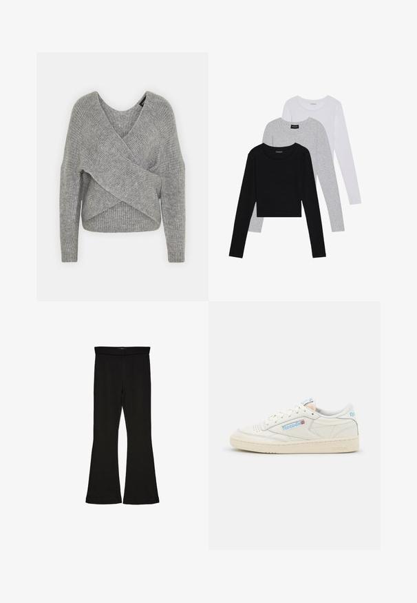 Pilkas aptraukiamas megztinis su giliu V formos iškirpimu, ilgomis rankovėmis ir riešutiniu tekstūru. Pagamintas iš minkštos megztos medžiagos su sluoksniuota, asimetrine konstrukcija.; Trijų ilgomis rankovėmis marškinėlių krūva: juodas, pilkas ir baltas. Kiekvienas turi apvalų iškirpimą ir trumpą dizainą, pagamintas iš lygaus, lengvo audinio.; Juodos flared tipo legginsai, pagaminti iš tamprios medžiagos. Yra platus juosmuo ir lygus paviršius, su prie kūno priglundančiu siluetu, kuris pločiasi ties apatine dalimi.; Reebok sportbačiai of-white odos su šviesiai mėlynomis akcentais. Yra perforuota pirštinė dalis, plokščios raišteliai ir tekstūruota guma išorėje.