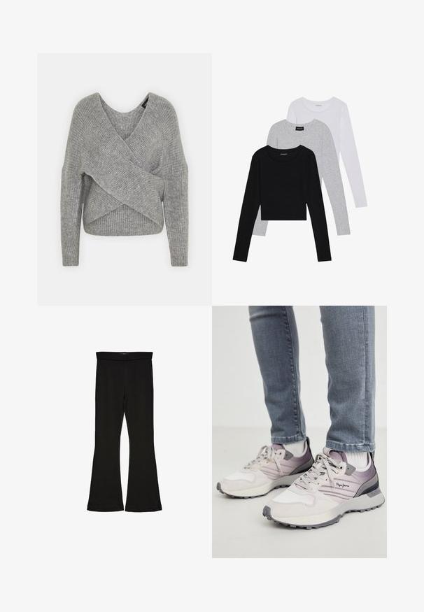 Suéter gris envolvente con un profundo escote en V, mangas largas y textura acanalada. Fabricado con un material de punto suave y un diseño asimétrico en capas.; Tres camisetas de manga larga apiladas: negra, gris y blanca. Cada una tiene un escote redondo y un diseño recortado con una tela suave y ligera.; Leggings negros de campana hechos de una tela elástica. Con una cinturilla ancha y una textura suave, presentan una silueta ajustada que se ensancha en el dobladillo.; Zapatillas gris claro con acentos de ante y malla, que presentan una suela texturizada, detalles morados y un logo en el costado. Usadas con vaqueros.