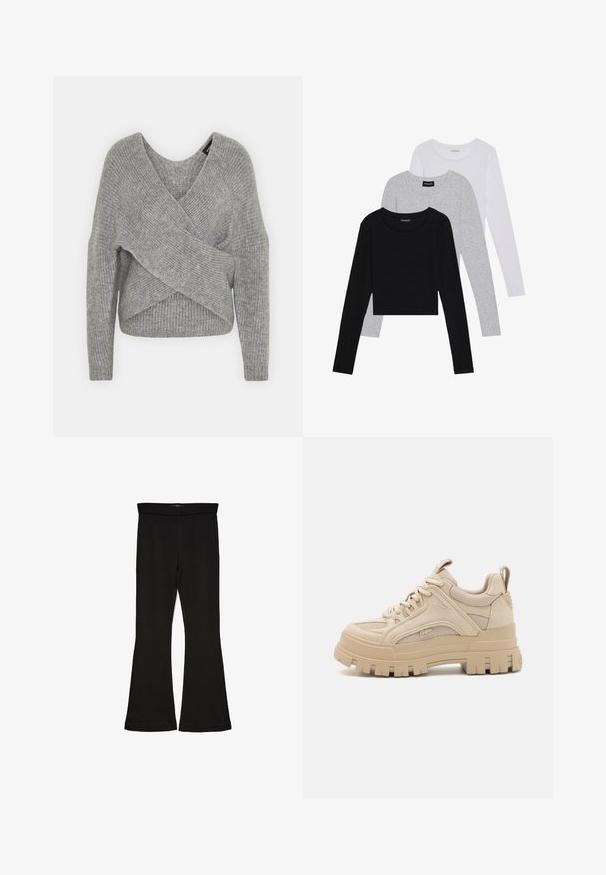 Grå omslagssweater med dyp V-hals, lange ermer og ribbestruktur. Laget av et mykt strikket materiale med et lagdelt, asymmetrisk design.; Tre lange ermer t-skjorter stablet: svart, grå og hvit. Hver har en rund hals og et kort design med glatt, lett stoff.; Sorte flared leggings laget av stretchy stoff. Har en bred midjebånd og en glatt tekstur, med en tettsittende silhuett som blir videre nedover.; Beige chunky sneakers med en blanding av mesh og semsket skinn, med en tykk såle og markant mønster, snøring og merkevaredetalj.
