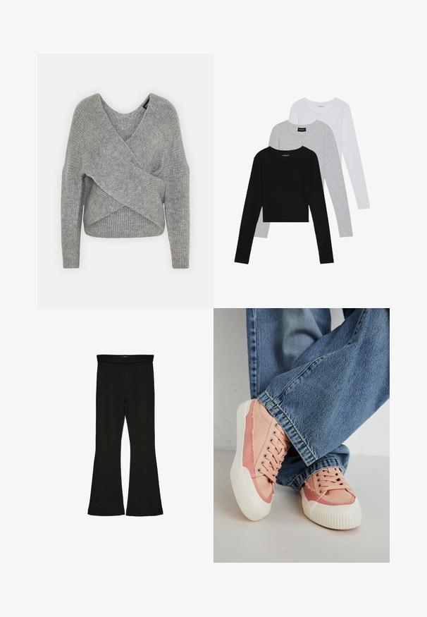 Pullover griș cu un decolteu adânc în V, mâneci lungi și textură cu ochiuri. Fabricat dintr-un material tricotat moale, cu un design stratificat și asimetric.; Trei bluze cu mânecă lungă așezate: neagră, gri și albă. Fiecare are un guler rotund și un design scurt, realizat dintr-un material fin și ușor.; Leggings negre cu tiv evazat, realizate dintr-un material elastic. Au o talie largă și o textură fină, cu o siluetă ajustată care se lărgește la tiv.; Tenisi roz din pânză, cu talpă din cauciuc alb, având gauri pentru șireturi rotunde și detalii desfăcute, asortați cu blugi cu picioare largi de culoare albastră.