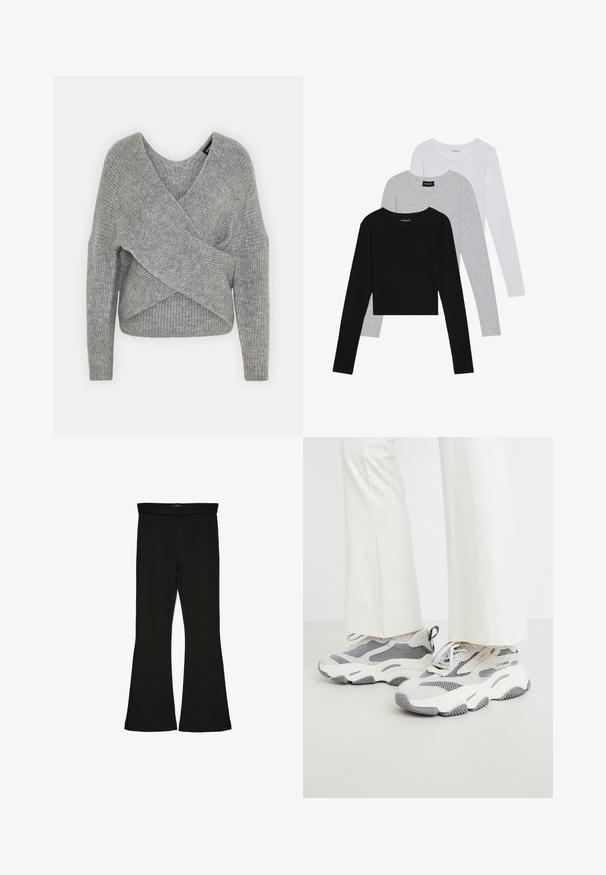 Pull en gris avec un col en V profond, des manches longues et une texture côtelée. Fabriqué en matériau tricoté doux avec un design asymétrique superposé.; Trois hauts à manches longues empilés : noir, gris et blanc. Chacun a un col rond et un design court avec un tissu lisse et léger.; Leggings évasés noirs en tissu extensible. Présentent une taille large et une texture lisse, avec une coupe ajustée qui s'évasent au bas.; Baskets athlétiques chunky de couleur gris clair, présentant un mélange de matériaux en maille et textile, avec des accents à motifs et une épaisse semelle en caoutchouc.
